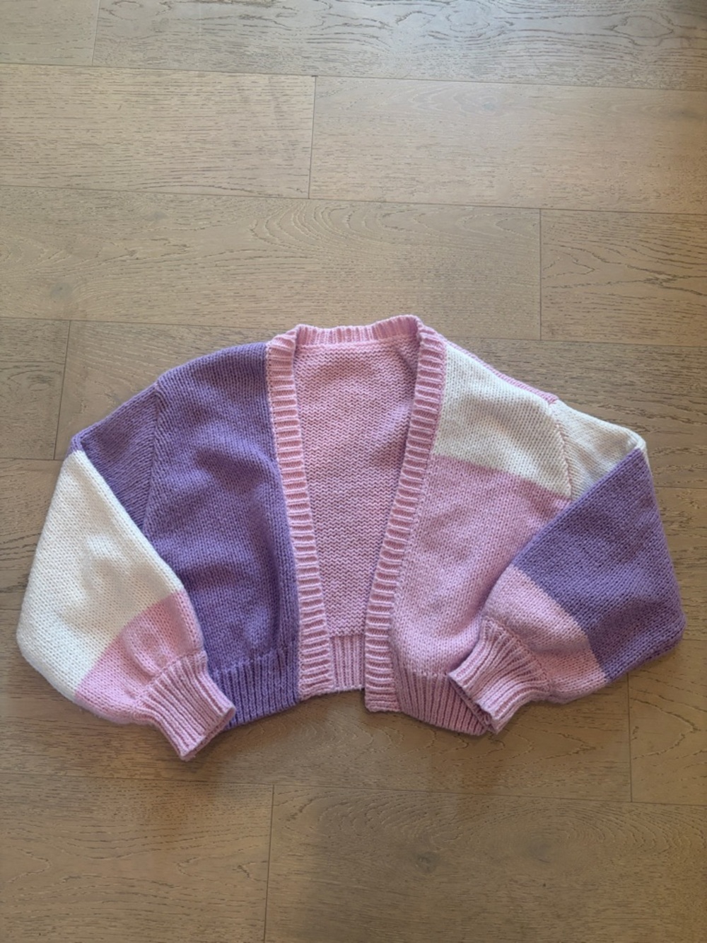 SHEIN Pink, Lavender & Cream Cropped Colorblock Cardigan